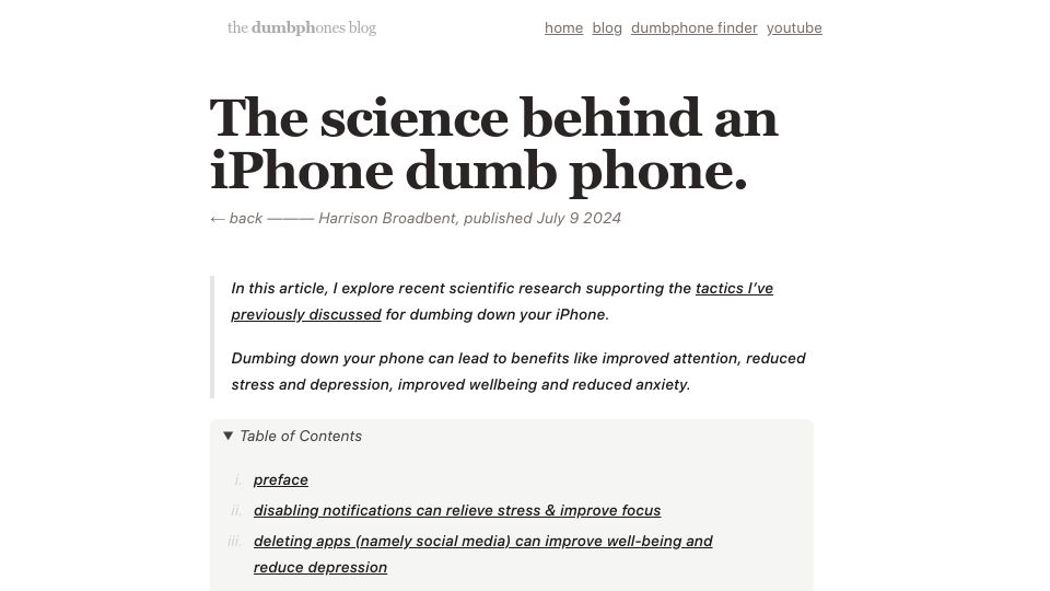 Screenshot of dumbph.com: The science behind an iPhone dumb phone