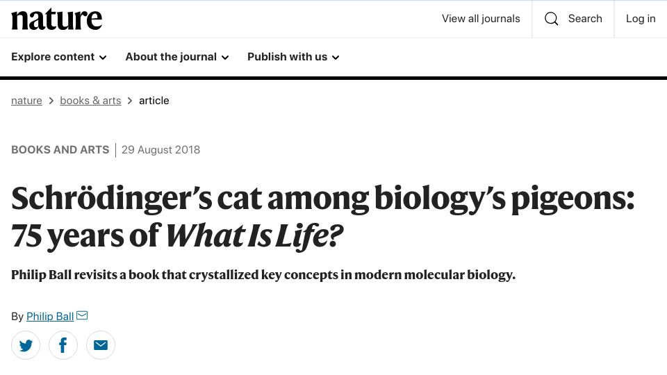 Screenshot of nature.com: Schrödinger's cat among biology's pigeons: 75 years of What Is Life?