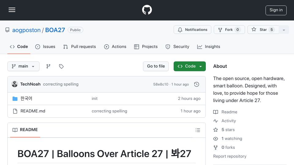 Screenshot of github.com: BOA27: An open source, open hardware, leafleting, smart balloon