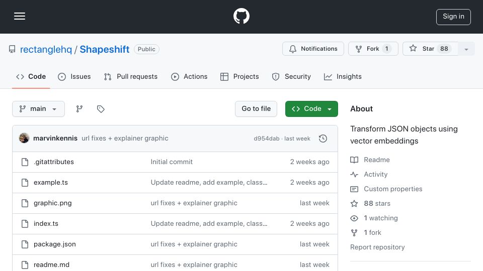 Screenshot of github.com: Shapeshift: Semantically map JSON objects using key-level vector embeddings