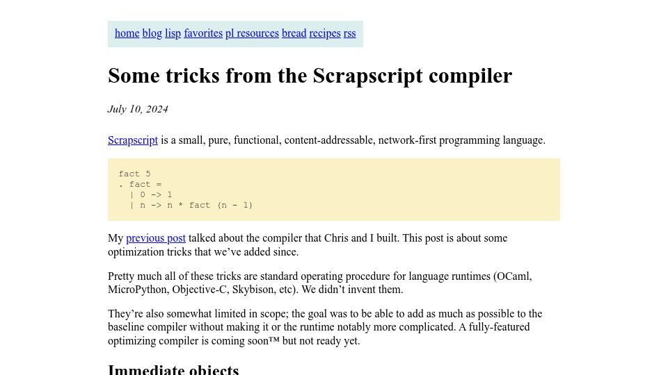 Screenshot of bernsteinbear.com: Some Tricks from the Scrapscript Compiler
