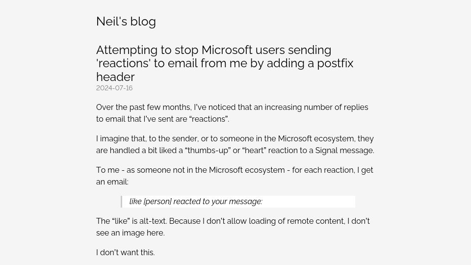 Screenshot of neilzone.co.uk: Stop Microsoft users sending 'reactions' to email by adding a postfix header