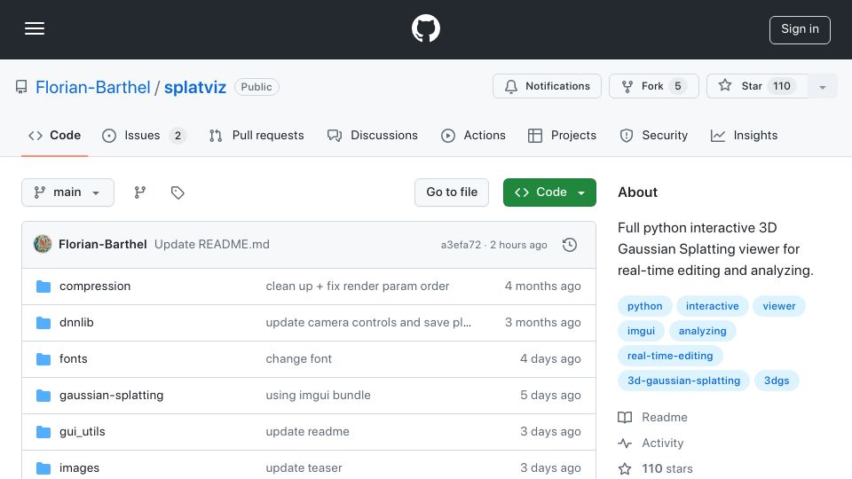 Screenshot of github.com: New Gaussian Splatting viewer that allows code modification during runtime