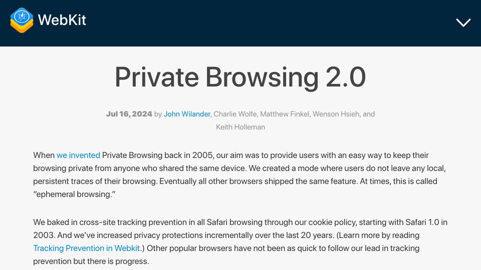 Screenshot of webkit.org: Private Browsing 2.0
