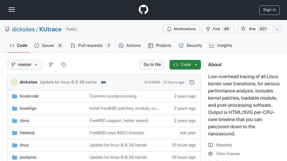 Screenshot of github.com: KUtrace: Low-overhead Linux kernel tracing facility