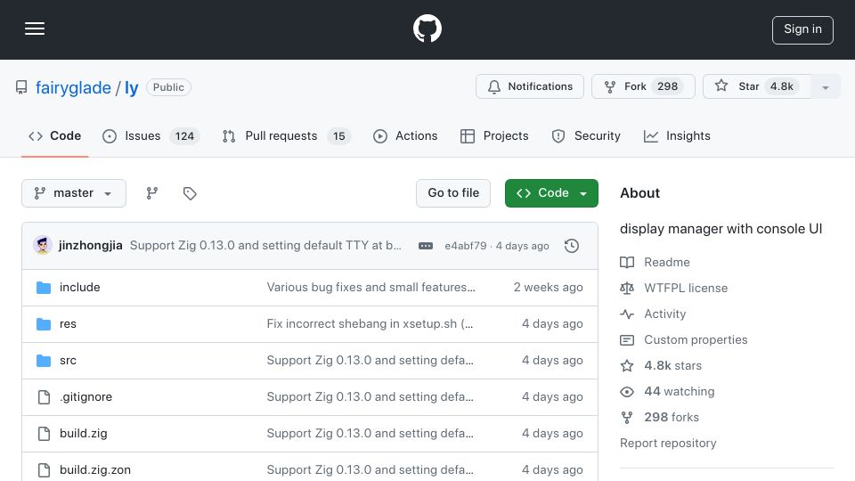 Screenshot of github.com: Ly: Display Manager with Console UI