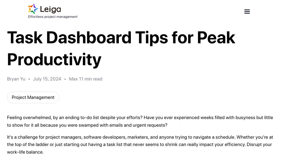 Screenshot of leiga.com: Task Dashboard Tips for Peak Productivity