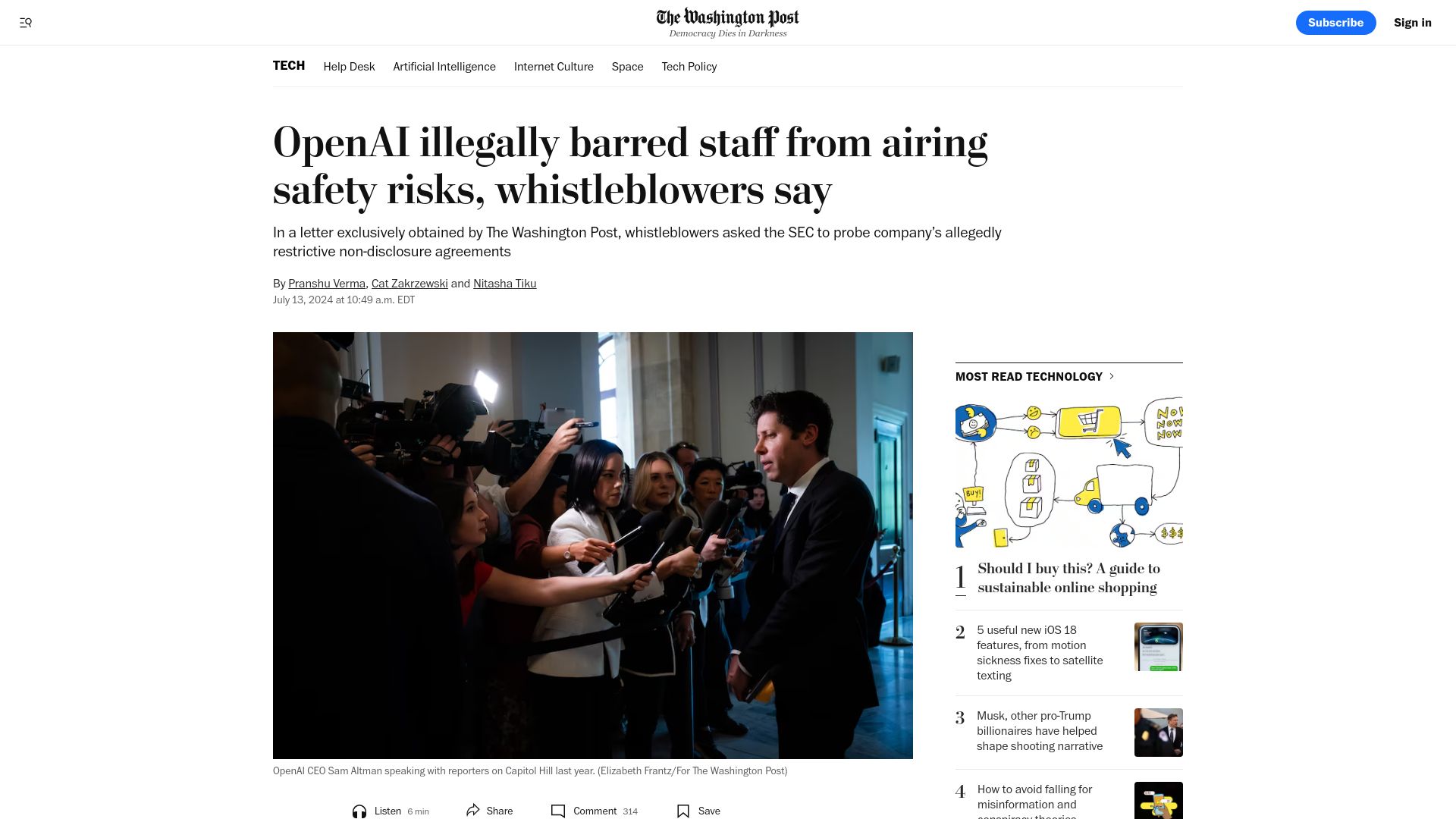 Screenshot of washingtonpost.com: OpenAI illegally barred staff from airing safety risks, whistleblowers say