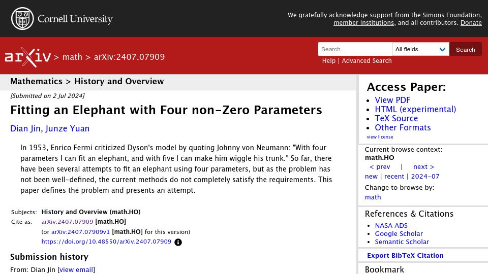 Screenshot of arxiv.org: Fitting an Elephant with Four Non-Zero Parameters