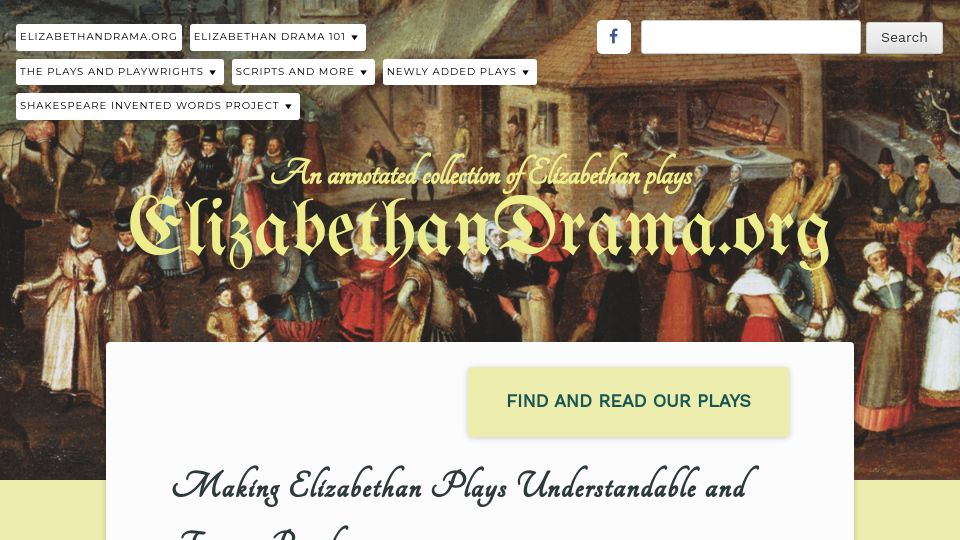 Screenshot of elizabethandrama.org: Making Elizabethan plays understandable and fun to read