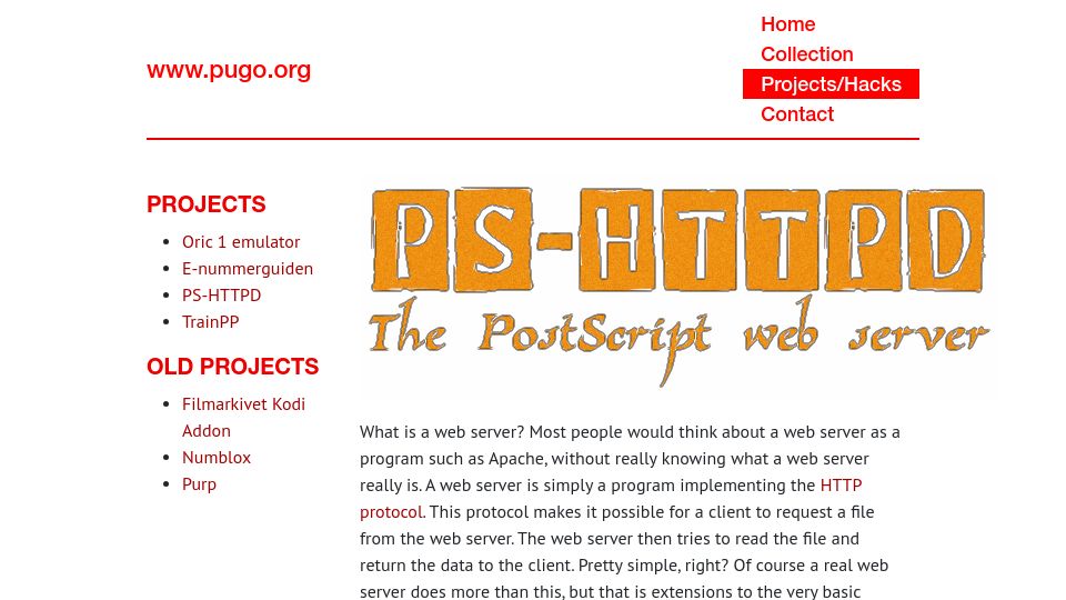 Screenshot of pugo.org: PS-HTTPD: A web server written in PostScript (2010)