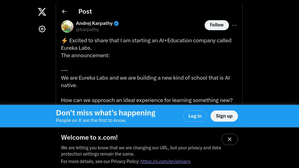 Screenshot of twitter.com: I am starting an AI+Education company