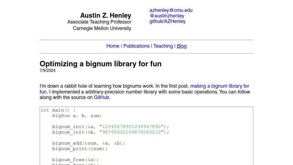 Screenshot of austinhenley.com: Optimizing a bignum library for fun