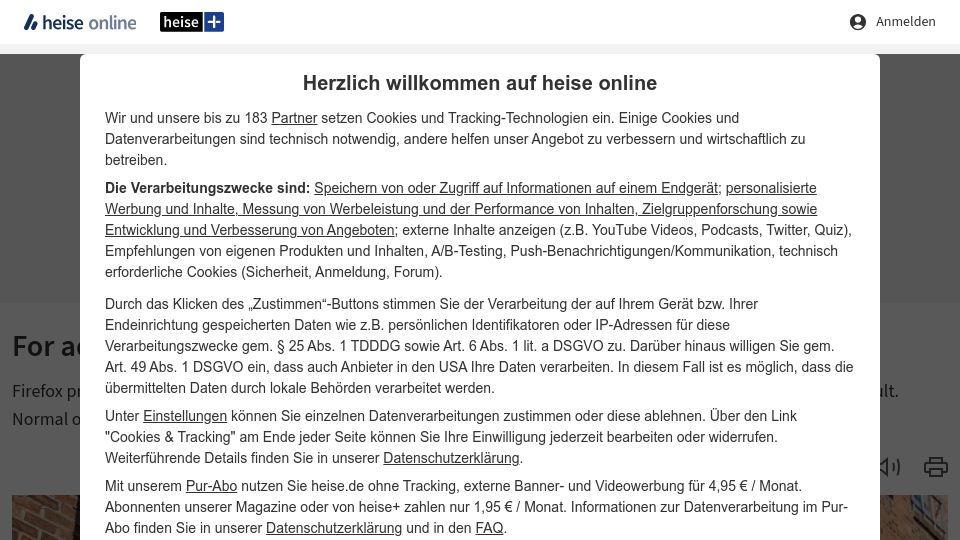 Screenshot of heise.de: For advertising, Firefox now collects user data by default