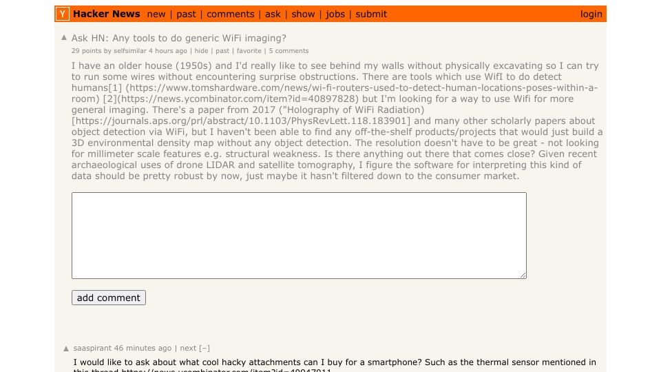 Screenshot of Hacker News post: Ask HN: Any tools to do generic WiFi imaging?