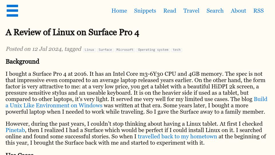 Screenshot of binwang.me: A Review of Linux on Surface Pro 4