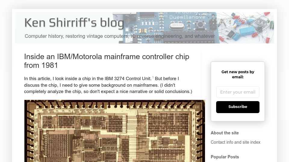 Screenshot of righto.com: Inside an IBM/Motorola mainframe controller chip from 1981
