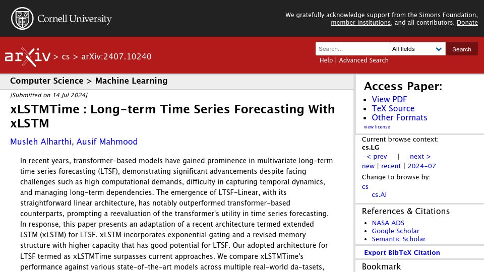 Screenshot of arxiv.org: XLSTMTime: Long-Term Time Series Forecasting with xLSTM