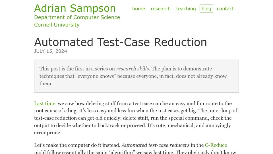 Screenshot of cs.cornell.edu: Automated Test-Case Reduction