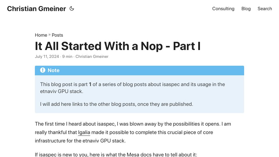 Screenshot of christian-gmeiner.info: It All Started with a nop