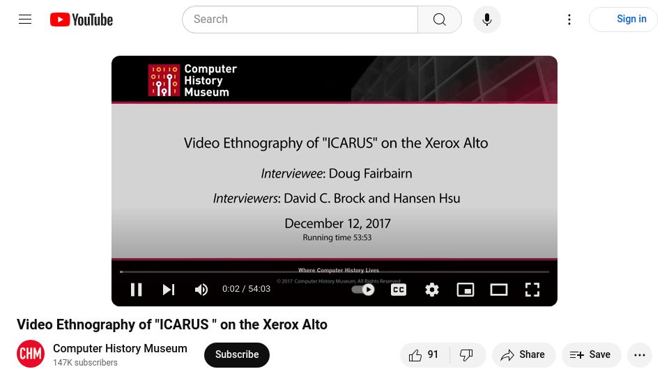 Screenshot of youtube.com: Video Ethnography of "ICARUS" on the Xerox Alto [video] (2017)
