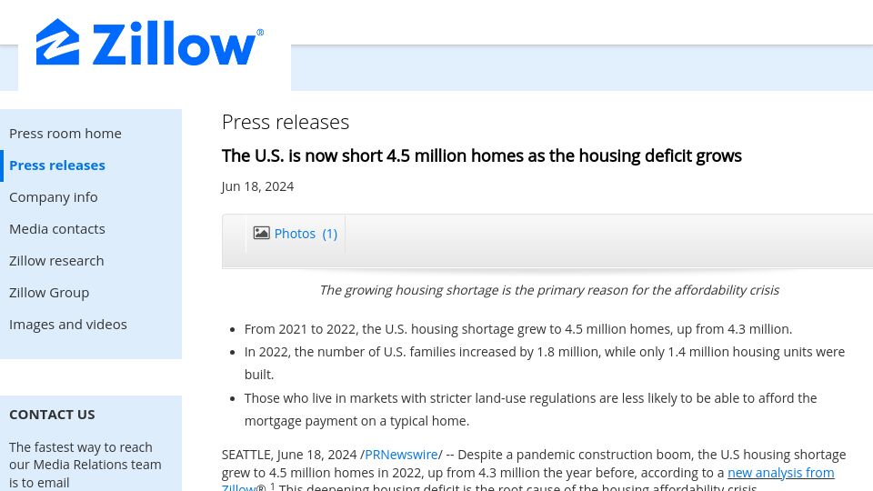 Screenshot of zillow.mediaroom.com: U.S. now short 4.5M homes as housing deficit grows