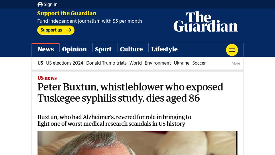 Screenshot of theguardian.com: Peter Buxtun, whistleblower who exposed Tuskegee syphilis study, has died