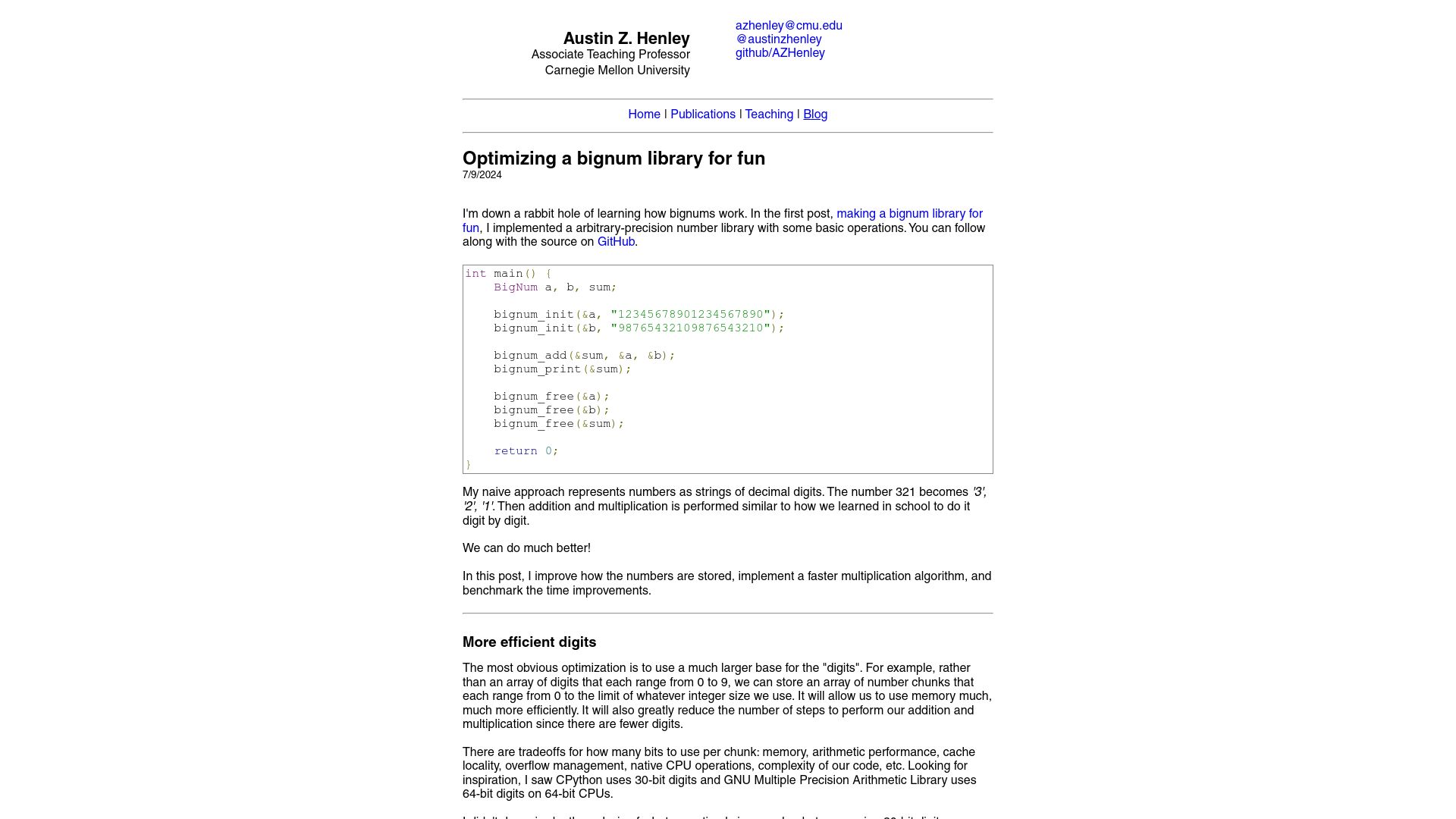 Screenshot of austinhenley.com: Optimizing a bignum library for fun