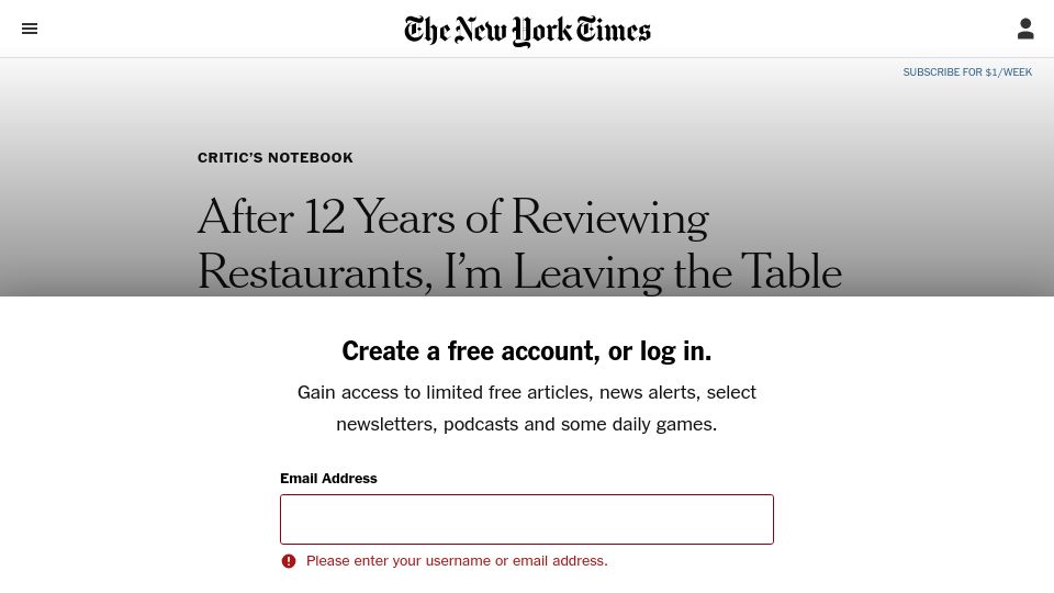 Screenshot of nytimes.com: After 12 years of reviewing restaurants, I'm leaving the table