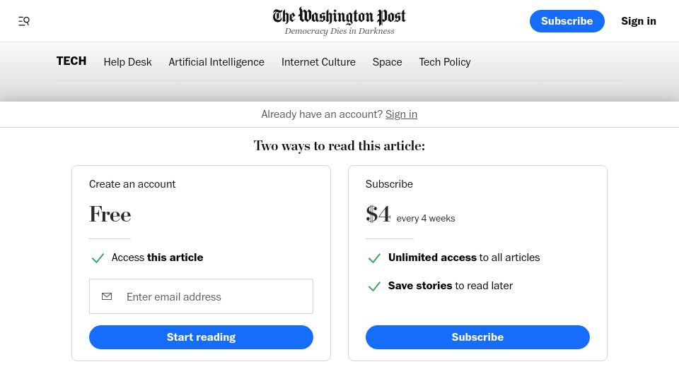 Screenshot of washingtonpost.com: OpenAI illegally barred staff from airing safety risks, whistleblowers say