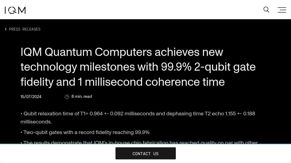 Screenshot of meetiqm.com: IQM achieves 99.9% 2-qubit gate fidelity and 1 millisecond coherence time