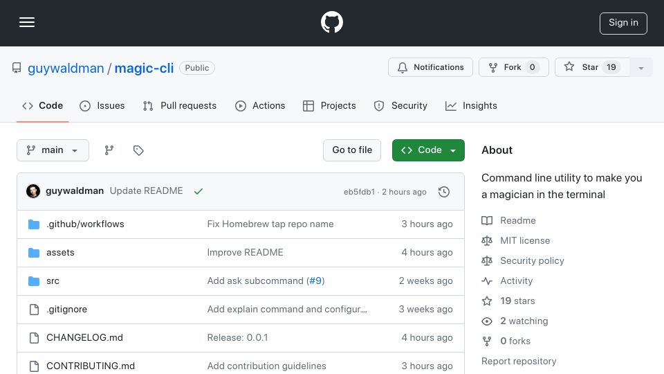 Screenshot of github.com: Show HN: Magic-cli – A copilot for your command line