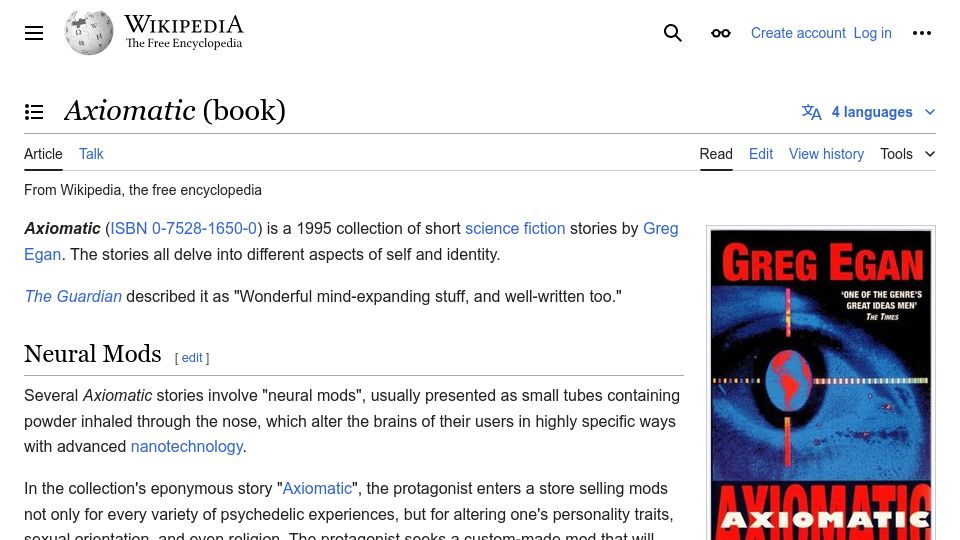 Screenshot of en.wikipedia.org: Axiomatic by Greg Egan