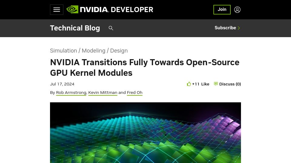 Screenshot of developer.nvidia.com: NVIDIA Transitions Fully Towards Open-Source Linux GPU Kernel Modules