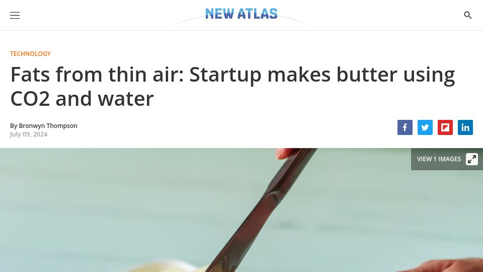 Screenshot of newatlas.com: Fats from thin air: Startup makes butter using CO2 and water