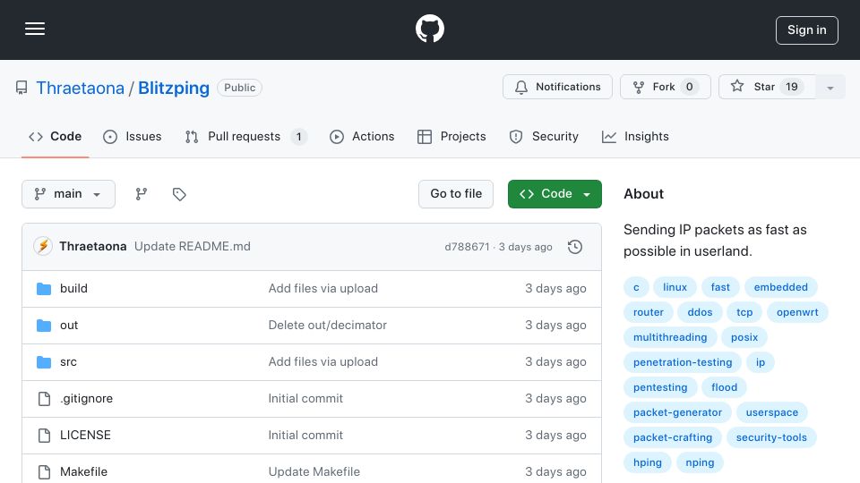 Screenshot of github.com: Show HN: Blitzping – A far faster nping/hping3 SYN-flood alternative with CIDR