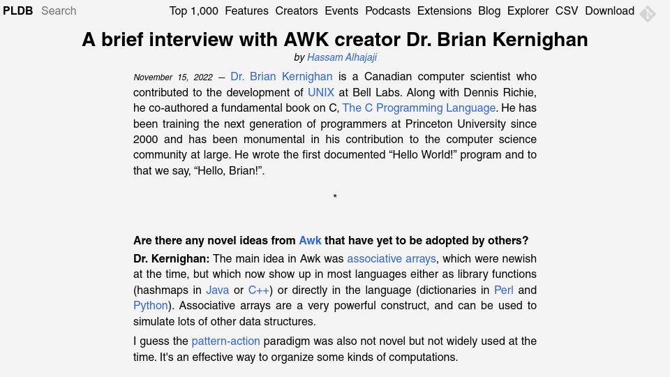 Screenshot of pldb.io: A brief interview with Awk creator Dr. Brian Kernighan (2022)