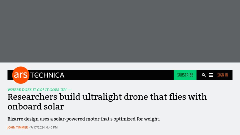Screenshot of arstechnica.com: Researchers build a solar-powered hovering drone that weighs only 9 mg