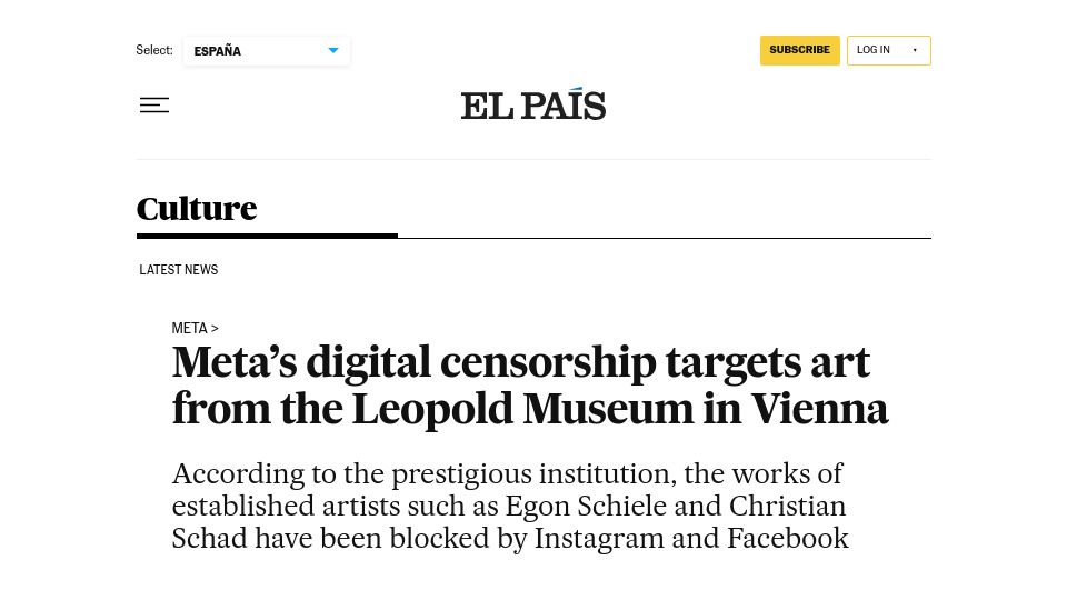 Screenshot of english.elpais.com: Meta's digital censorship targets art from the Leopold Museum