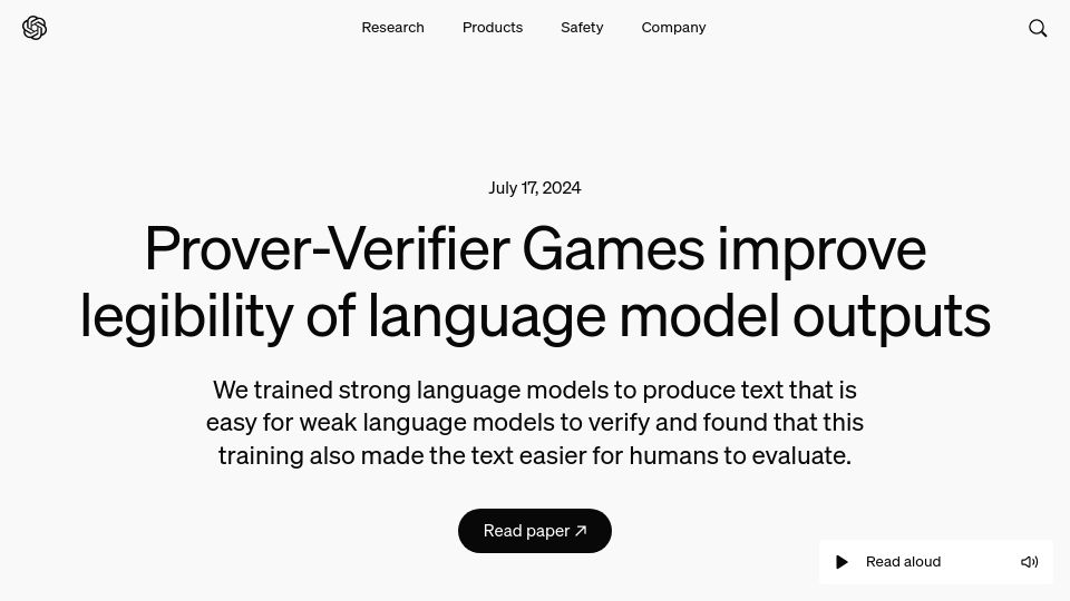 Screenshot of openai.com: Prover-Verifier Games improve legibility of language model outputs