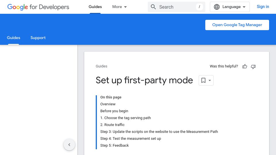 Screenshot of developers.google.com: Google presents method to circumvent automatic blocking of tag manager