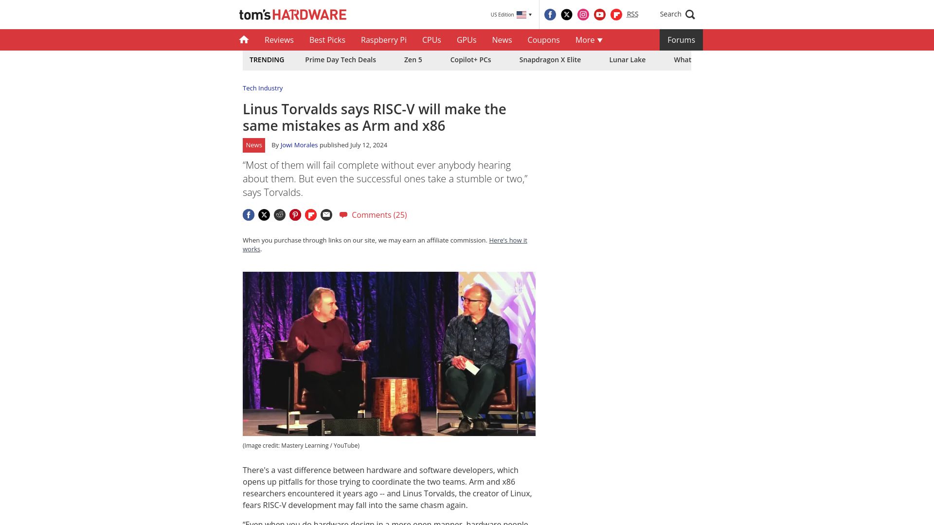 Screenshot of tomshardware.com: Linus Torvalds says RISC-V will make the same mistakes as Arm and x86