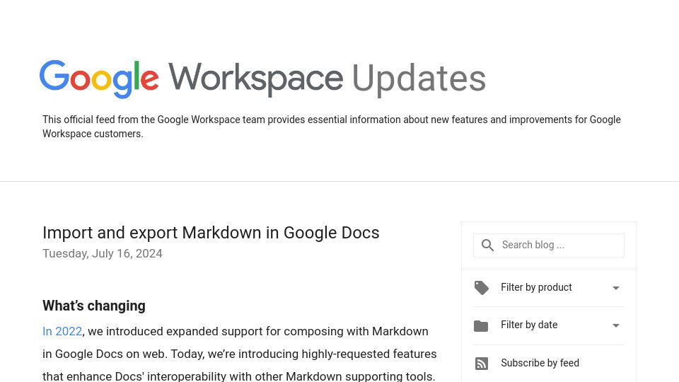 Screenshot of workspaceupdates.googleblog.com: Import and Export Markdown in Google Docs