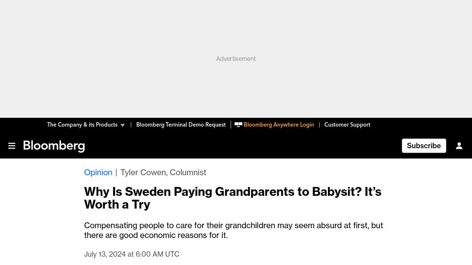 Screenshot of bloomberg.com: Why is Sweden paying grandparents to babysit?