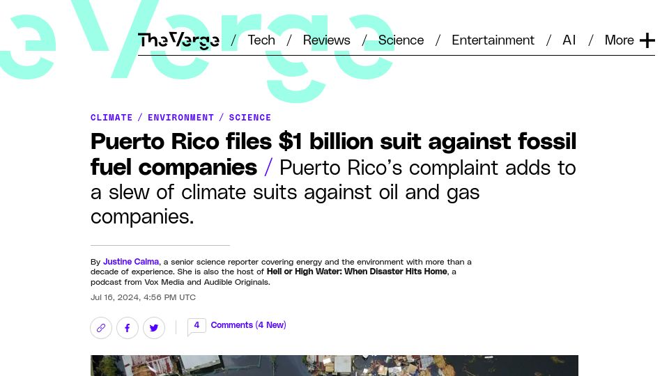 Screenshot of theverge.com: Puerto Rico files $1B suit against fossil fuel companies