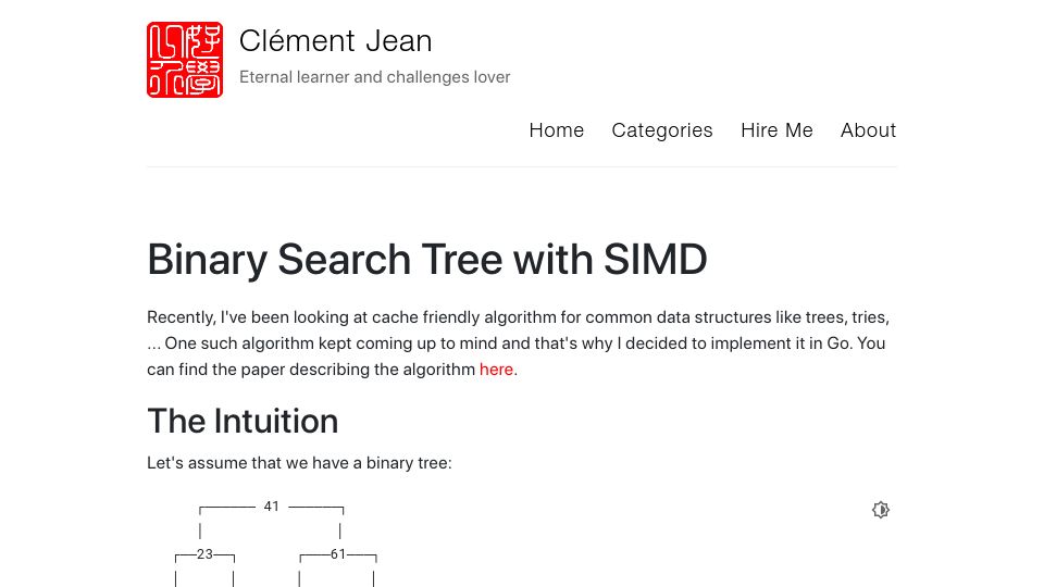 Screenshot of clement-jean.github.io: Binary Search Tree with SIMD