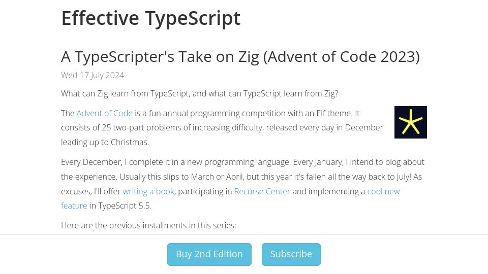 Screenshot of effectivetypescript.com: What can TypeScript learn from Zig? What can Zig learn from TypeScript?