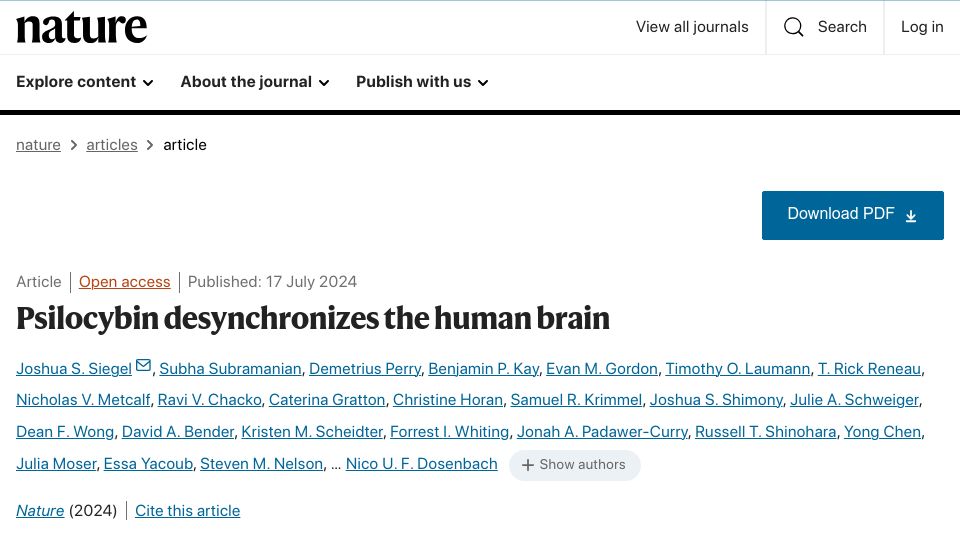 Screenshot of nature.com: Psilocybin desynchronizes the human brain