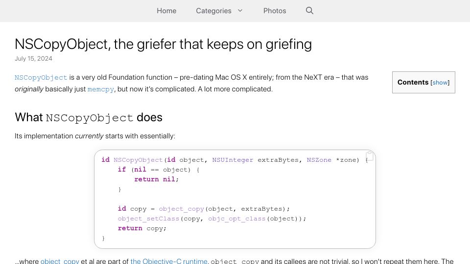 Screenshot of wadetregaskis.com: NSCopyObject, the griefer that keeps on griefing