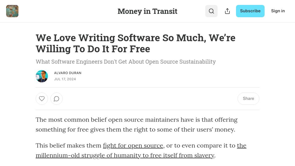 Screenshot of news.alvaroduran.com: We Love Writing Software So Much, We're Willing to Do It for Free
